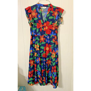 Entro Tropical Floral Maxi Dress V Neck flutter Sleeve S Resort Beachy Vacay